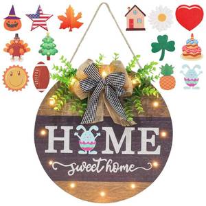lot 14120 image: Interchangeable Welcome Sign for Front Door with 14 Changeable Icons, Farmhouse Front Porch Decor Rustic Wooden Wall Sign with 12 LED Lights, Outdoor Seasonal Welcome Home Decorations (Wood home1)