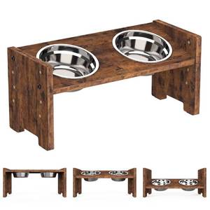 lot 14124 image: Vantic Elevated Dog Bowls - Adjustable Raised Dog Bowls for Small Dogs and Cats, Durable Rustic Brown Particle Board Dog Food Bowl Stand with 2 Stainless Steel Bowls and Non-Slip Feet