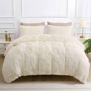 lot 14133 image: Sasttie Fluffy Duvet Cover Queen Size, 3 Pieces Shaggy Fuzzy Queen Duvet Cover Set, Cream Beige Flannel Plush Faux Fur Duvet Cover with Zipper Closure, Corner Ties, 2 Pillowshams (90x90 Inch)
