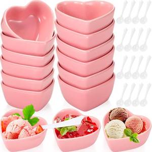 lot 14134 image: Suclain 12 Pcs Valentines Day Heart Shaped Ceramic Bowls Mini Heart Sauce Dish Bowl Pudding Bowl Microwave Oven Safe Cake Bowls with 20 Plastic Spoon for Valentines Day Party Supplies(Pink)