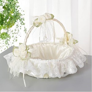 lot 14142 image: Lalilali Large Flower Girl Baskets for Weddings, Fairy Lace Bowknot Wedding Flower Basket with Foldable Handle and Rhinestone Lvory Satin Lace Collection, Decoration and Party Supplies