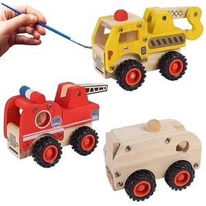 lot 14156 image: Glintoper Woodworking Building Craft Kit, Set of 3 DIY Carpentry Construction Vehicles Wooden Toy for Boys Girls, Easy Assemble Crane, Fire Truck and Garbage Truck, 3D Art Craft Wood Toys for Kids