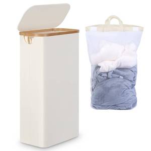 lot 14170 image: efluky Slim Laundry Hamper with Lid, Narrow Laundry Hamper with Removable Bags, Collapsible Dirty Clothes Basket with Handles for Bathroom, Bedroom & Laundry Room, 63L Beige