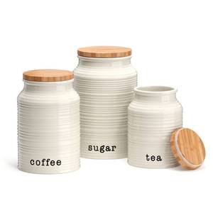 lot 14199 image: Barnyard Designs Canister Sets for Kitchen Counter, Ceramic Canister Set, Decorative Kitchen Canisters, Coffee Tea Sugar Container Set, Rustic Farmhouse Canisters, Ceramic Jar, White, Set of 3