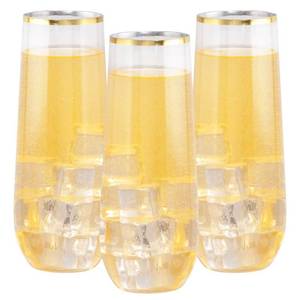 lot 14202 image: SUT 36PCS Stemless Plastic Champagne Flutes, 9 Oz Gold Rim Clear Plastic Toasting Glasses Shatterproof Cocktail Cups Mimosa Cups Stemless Glass Plastic Glasses Disposable for Wedding Parties & Shower