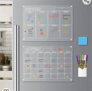 lot 14203 image: Hivillexun 17x12 Clear Acrylic Magnetic Dry Erase Board with Monthly & Weekly Planner, 6 Markers & Large Eraser for Refrigerator Organization