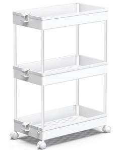 lot 14208 image: SPACEKEEPER Storage Rolling Cart, 3 Tier Laundry Room Organization Utility Cart Bathroom Organizer Mobile Shelving Unit Shelves Multi-Functional Trolley, White