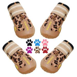 lot 14224 image: QUMY Dog Shoes for Large Dogs, Medium Dog Boots & Paw Protectors for Winter Snow Day, Summer Hot Pavement, Waterproof in Rain Weather, Outdoor Walking, Indoor Hardfloors Anti Slip Sole Leopard Size 6