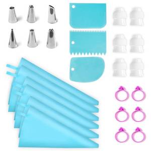 lot 14225 image: Riccle Reusable Silicone Piping Set - 27 Pcs Cake Decorating Kit With 6 Pastry Bags, Couplers, Frosting Tips, Bag Ties & Cake Scrapers