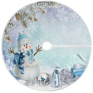 lot 14234 image: Merry Christmas Winter Snowman Christmas Tree Skirt Decorations White Snow Snowflake Blue Jingle Bells Xmas Tree Mat 35 inch for Holiday Party Supplies Rustic Ornaments Mini Tree Skirt