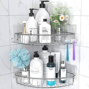 lot 14236 image: Orimade Corner Shower Caddy Stainless Steel with Hooks Wall Mounted Bathroom Shelf Storage Organizer Adhesive No Drilling 2 Pack, Silver Only for 90-Degree Corner