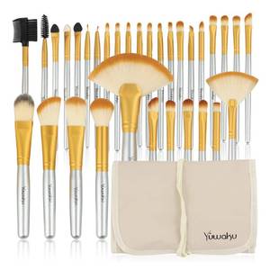 lot 14246 image: Champagne Makeup Brushes Set, Valentines Day Gifts for Kids,Yuwaku Silver Foundation Powder Blush Eyeshadow Brushes Blending 32 Piece NO Shed Cruelty-Free Synthetic Fiber Bristles Cosmetic Brushes
