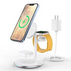 lot 14263 image: 3 in 1 Wireless Charging Station for Multiple Devices, 15W Fast Wireless Mag-Safe Charger Stand for iPhone 14 13 12 Pro MaxPlusProMini, Mag Charger for iWatch Ultra87SE65432, AirPods