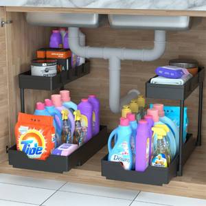lot 14273 image: MEAFBIRD 2 Pack Under Sink Organizer, 2 Tier Bathroom Cabinet Organizer with Sliding Basket, Multi-Purpose Under Sink Organizers and Storage for Bathroom Kitchen
