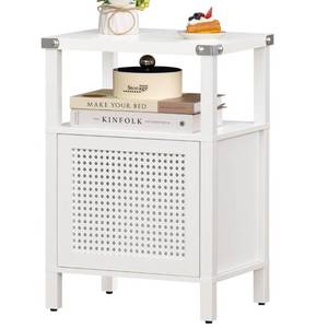 lot 14284 image: Lerliuo Rattan Nightstand, Side End Table with Handmade Natural Rattan Door and Open Shelf, Wood Accent Night Stand with Storage, Mid Century Modern Bedside Table for Bedroom, Living Room (White)