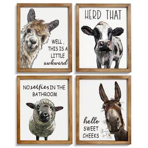 lot 14289 image: Heiple Set of 4 Framed Bathroom Art Llama, Cow, Donkey &amp Sheep for Bathroom Wall Decor Farmhouse Home Bathroom Decor Sets Vintage Funny Wall Art Bathroom Signs 8x10