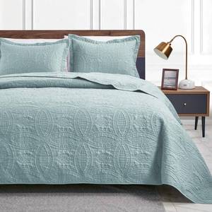 lot 14314 image: Loves cabin Quilts for Queen Bed Spa-Blue Bedspreads - Soft Summer Lightweight Microfiber Modern Style Coin Pattern Coverlet for All Season - 3 Piece (1 Quilt, 2 Pillow Shams)