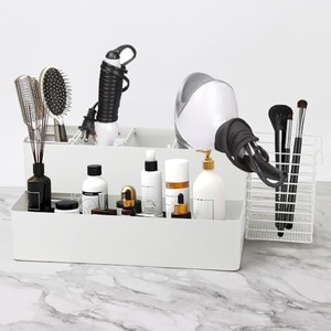 lot 14316 image: BUSOKIP Hair Tool Organizer Countertop Hair Dryer Holder Wall Mount 12.2 x 7 x 5.7 Bathroom Blow Dryer Holder with 2 Extra Baskets Makeup Cosmetic Storage for Heated Styling Tools (Pearl White)