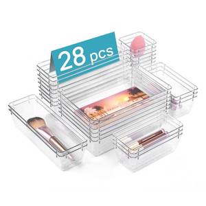 lot 14318 image: Vtopmart 28 PCS Clear Plastic Drawer Organizers Set, 4-Size Bathroom and Vanity Drawer Organizer Trays, Acrylic Storage Bins for Makeup, Cosmetic, Kitchen Utensils, Tool Organizer for Gadgets