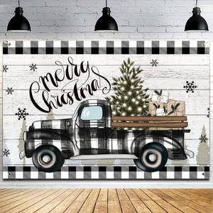 lot 14320 image: Christmas Black Truck Backdrop Banner Christmas Party Background Decorations for Photography Black White Buffalo Plaid Xmas Tree Winter Holiday Backdrop for Home Decor Supplies