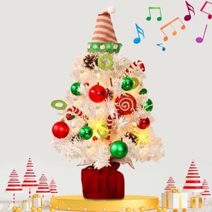 lot 14335 image: Mini White Christmas Tree, Small Flocked Christmas Tree with Lights and Music Tabletop Artificial Pre-lit Xmas Tree Christmas Decorations Indoor Outdoor for Home Decor Party Gifts