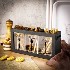 lot 14358 image: Nuenen Silverware Caddy Organizer Bin Utensil Cutlery Holder with Acrylic Front Panel 3 Compartments Spoon Fork Knife Holder Kitchen Tableware Storage Box Wood Flatware Caddy for Countertop (Black)