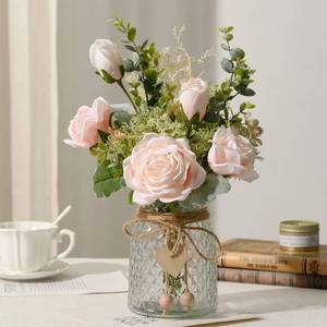 lot 14359 image: YJ Fake Flowers with Vase, Artificial Flowers Silk Roses Flower Bouquet in Vase, Faux Flower Arrangements,Farmhouse Table Decor,Table Decorations for Living Room,Coffee Table Decor(Pink)