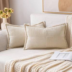 lot 14397 image: MIULEE Corduroy Pillow Covers with Splicing Set of 2 Super Soft Boho Striped Pillow Covers Broadside Decorative Textured Throw Pillows for Spring Couch Cushion Livingroom 12x20 inch, Beige