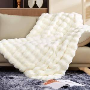 lot 14412 image: Touchat Luxury 1000GSM Faux Rabbit Fur Throw Blanket, Super Heavy Warm Cozy Beige Cream Blankets for Couch Bed Sofa, Ruched Plush Fuzzy Elegant Soft Reversible Mink Blanket for Living Room Bedroom