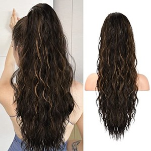lot 14451 image: HOOJIH Ponytail Extension, Drawstring Ponytail Hair Extensions 26 Inch Long Curly Wavy Ponytail Natural Wavy Synthetic Hairpiece for Women Daily Use - Black Brown with highlights