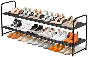 lot 14461 image: SLEEPING LAMB Long 2-Tier Shoe organizer for Closet, Stackable Wide Shoe Rack Holds 18-Pairs Low Shoe Shelf Storage for Bedroom, Floor, Entryway(Black)