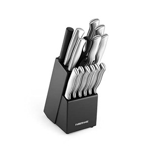 lot 14464 image: Farberware 5152497 15-Piece High-Carbon Stamped Stainless Steel Kitchen Knife Set with Wood Block, Steak Knives, Razor-Sharp, Black