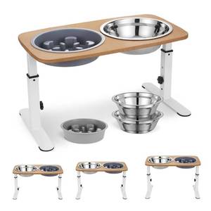 lot 14465 image: Veehoo Elevated Dog Bowls - Adjustable Raised Dog Bowl Stand with Slow Feeder Dog Bowl & 2 Stainless Steel Food Bowls, Wood Dog Feeding Station with Metal Stand for Large Medium Small Dogs