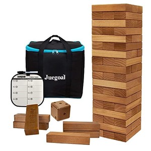 lot 14474 image: Juegoal 54 Pieces Giant Tumble Tower Blocks Game Giant Wood Stacking Game with 1 Dice Set, Gameboard, Canvas Bag for Adult, Kids, Family, Brown