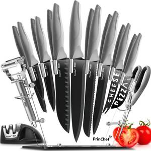 lot 14477 image: PrinChef Knife Set, 19 Pcs Rust Proof Knives Set for Kitchen, with Acrylic Stand, Sharpener, Scissors and Peeler, Stainless Steel kitchen knife set Nonstick and No Scratch