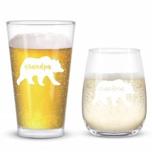lot 14489 image: Grandpa Grandma Wine Glass Set, Grandma Bear Wine Glass Grandpa Bear Beer Glass for Grandparents, New Grandparents, Gift Idea for Birthday Christmas Mothers Day Baby Shower Baby Announcement, 15Oz
