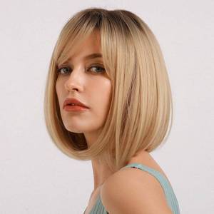 lot 14517 image: HAIRCUBE Blonde Bob Wig with Bangs Short Bob Wigs for Women Short Blonde Wig with Dark Roots Heat Resistant Synthetic Wig Natural Looking for Daily Use