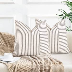 lot 14525 image: Farmhouse Pillow Covers 20x20, Modern Accent Square Throw Pillow Covers Set of 2, Gray and Beige Striped Patchwork Linen Decorative Pillows Cushion Covers for Couch Chair Bedroom Fall Decorations