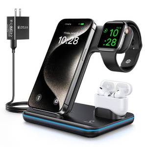 lot 14528 image: WAITIEE Wireless Charger 3 in 1, 15W Fast Charging Station for Apple Watch 98Ultra 2UltraSE765432, for AirPods 321ProPro 2, for iPhone 151413 PlusProPro Max1211XXrXS8 (Black)