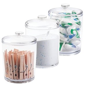 lot 14530 image: mDesign Plastic Laundry Shelf Storage Organizer Jar Holder Set for Laundry Room Storage - Holds Detergent Powder, Pods, Clothes Pins, Dryer Sheets, Scent Boosters - 3 Pack - Clear