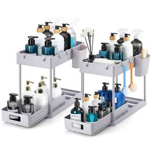 lot 14536 image: Ravinte 2 Pack Pull Out Under Sink Organizer 2 Tier Multi Purpose Sink Organizers Storage For Bathroom Kitchen Sink Storage Organizer With Hook & Hanging Cup Grey Sliding Cabinet Organizer