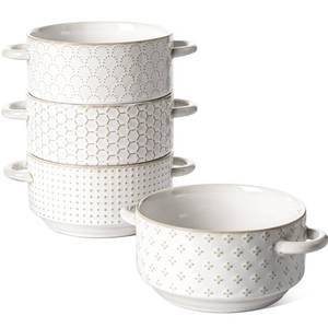 lot 14547 image: LE TAUCI Soup Bowls with Handles, 20 oz French Onion Soup Crocks, Stackable Soup Bowl Oven Safe for Chili, Beef Stew, Embossment Ceramic Bowl Set - 5.4 Inch, Set of 4, Arctic White