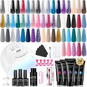 lot 14552 image: JEWHITENY 28 Colors Poly Nail Gel Kit Nude Pink pink Blue Yellow purple Glitter All In One Poly Extension Gel Starter Kit Poly Nail Gel Kit With U V Light Base Top Coat Gift For Women