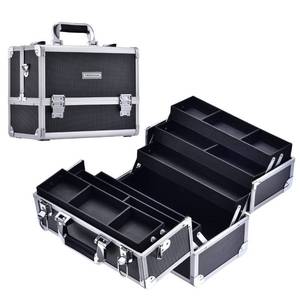 lot 14562 image: FRENESSA Makeup Train Case Large Cosmetic Box 6 Tier Trays with Compartments Professional Makeup Box Jewelry Storage Organizer Case Adjustable Bottom with Shoulder Strap - Black