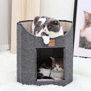 lot 14565 image: Cat Houses for Indoor Cats,Cat Cave Beds Pet Hideaway,2 Story Cube Condos Cat Sleeping Space,Collapsible Covered Burrowing Cozy Kitten Nest with Fluffy Cushions,Sturdy Structure Cat Play Tower (Grey)