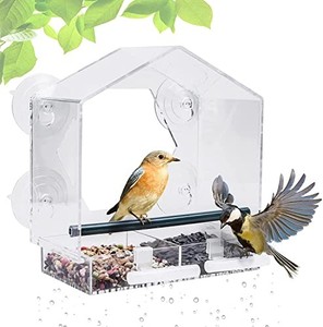 lot 14569 image: Fubullish Window Bird Feeder, Large Bird House Feeders for Outside with 4 Strong Suction Cups & 2 Extra Bird Stands, Removable Tray and Drain Holes, Birdhouse Shape, Clear Acrylic for Bird Watching