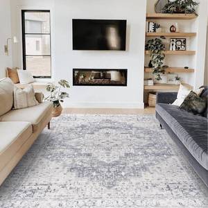 lot 14584 image: BILEEHOME Light Grey Boho Area Rug 5x7 for Living Room Washable Distressed Damask Medallion Patterned Modern Area Rugs for Home Office Dining Room,Gray and Cream White,5 x7