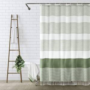 lot 14592 image: Awellife Sage Green Shower Curtain for Bathroom Stripe Tassel Shower Curtain 72 X 84 Inches Farmhouse Linen Extra Long