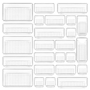 lot 14607 image: Vtopmart 25 PCS Clear Plastic Drawer Organizers Set, 4-Size Versatile Bathroom and Vanity Drawer Organizer Trays, Storage Bins for Makeup, Bedroom, Kitchen Gadgets Utensils and Office