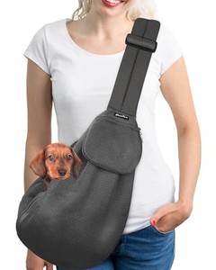 lot 14615 image: SlowTon Dog Carrier Sling, Thick Padded Adjustable Shoulder Strap Dog Carriers for Small Dogs, Puppy Carrier Purse for Pet Cat with Front Zipper Pocket Safety Belt Machine Washable (Grey Mesh L)